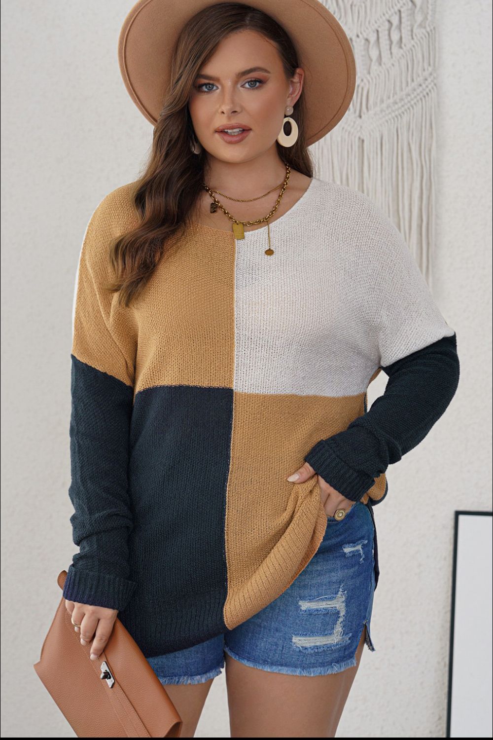 Plus Size Color Block Round Neck Sweater | Maekery Studio