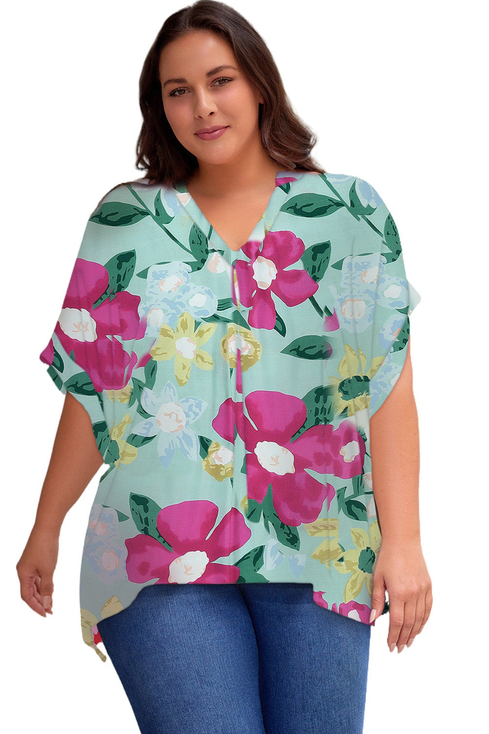 Plus Size Printed Notched Neck Half Sleeve Top | Maekery Studio