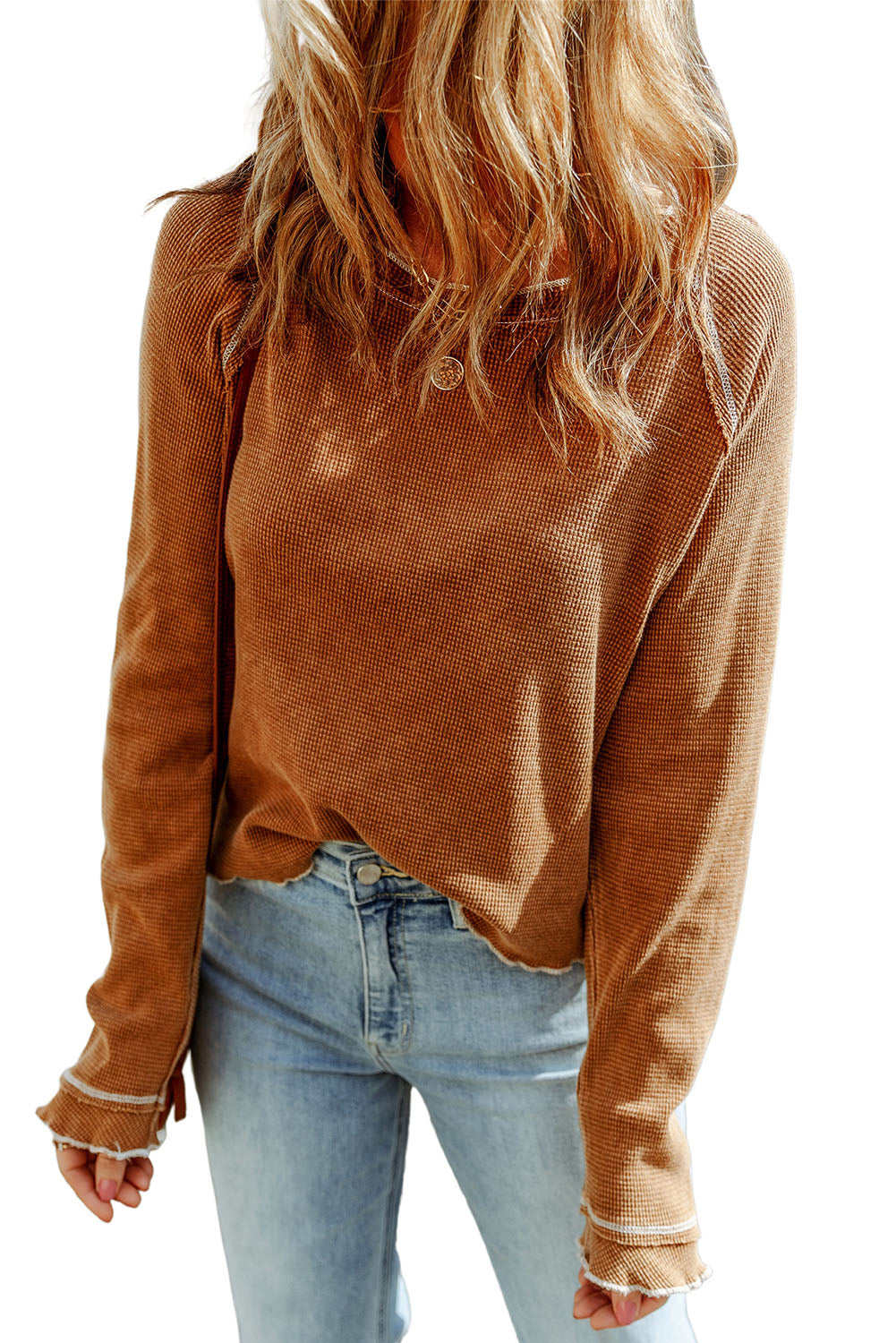 Brown Textured Crewneck Long Sleeve Top