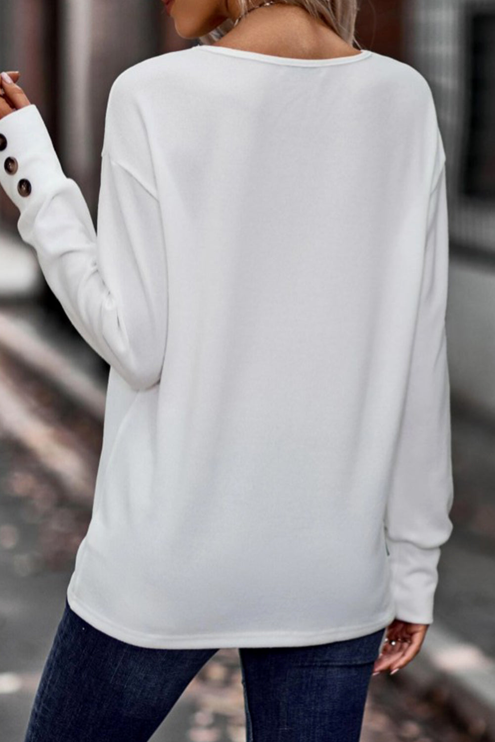 White Solid Color V-Neck Button Cuffs Long Sleeve Top