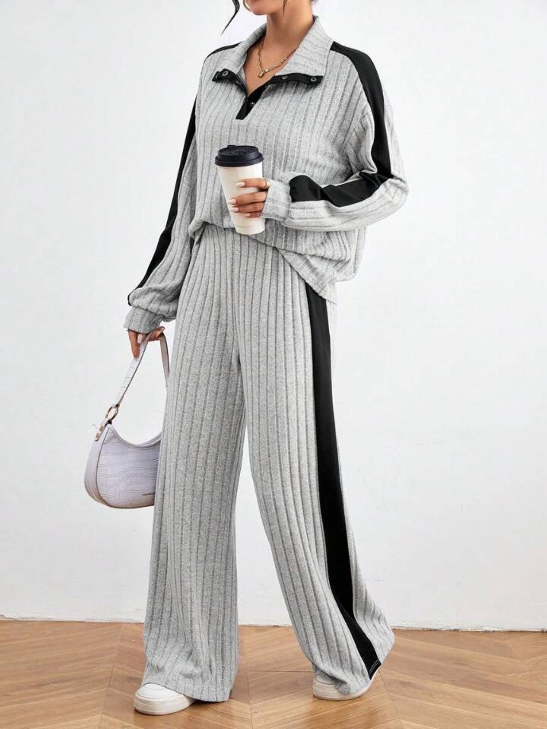 Contrast Collared Neck Long Sleeve Top and Pants Set | Maekery Studio