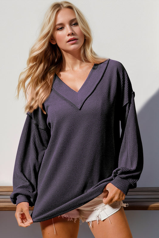 Double Take Exposed Seam Ribbed Textured V-Neck Long Sleeve T-Shirt | Maekery Studio