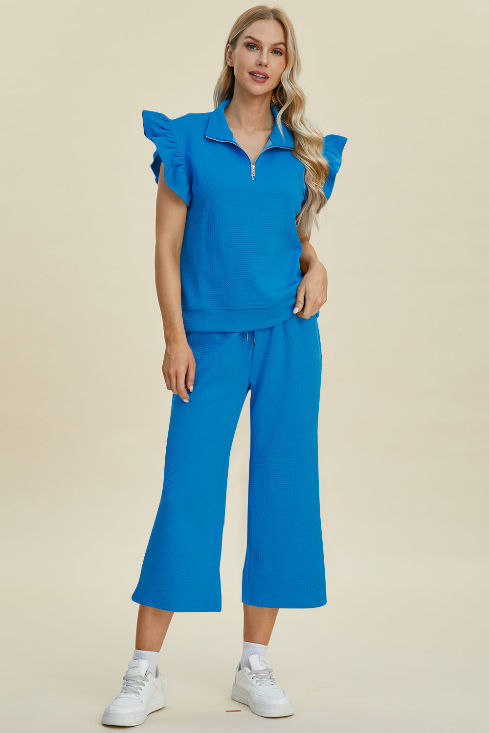 Double Take Full Size Texture Ruffle Short Sleeve Top and Wide Leg Pants Set | Maekery Studio