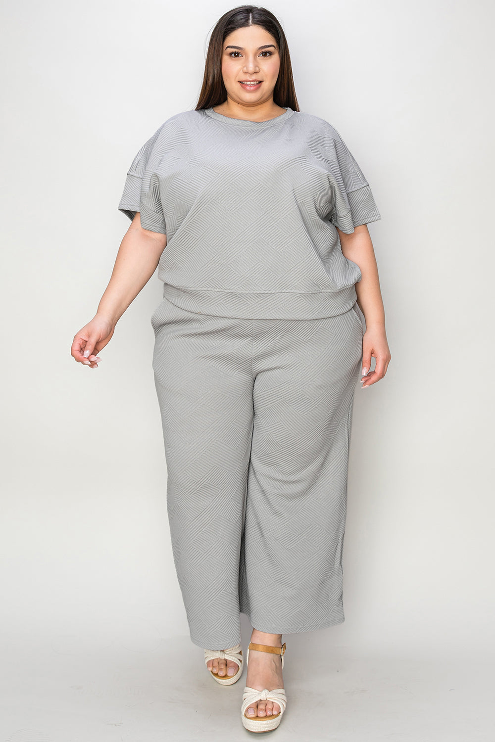 Double Take Full Size Texture Short Sleeve Top and Pants Set | Maekery Studio