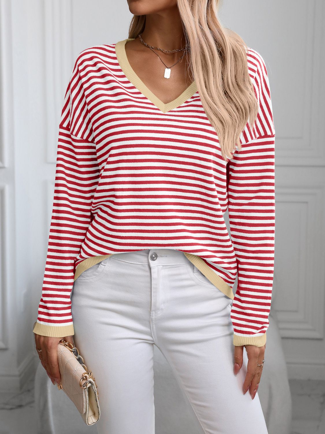 Contrast Trim Striped V-Neck Long Sleeve Knit Top | Maekery Studio