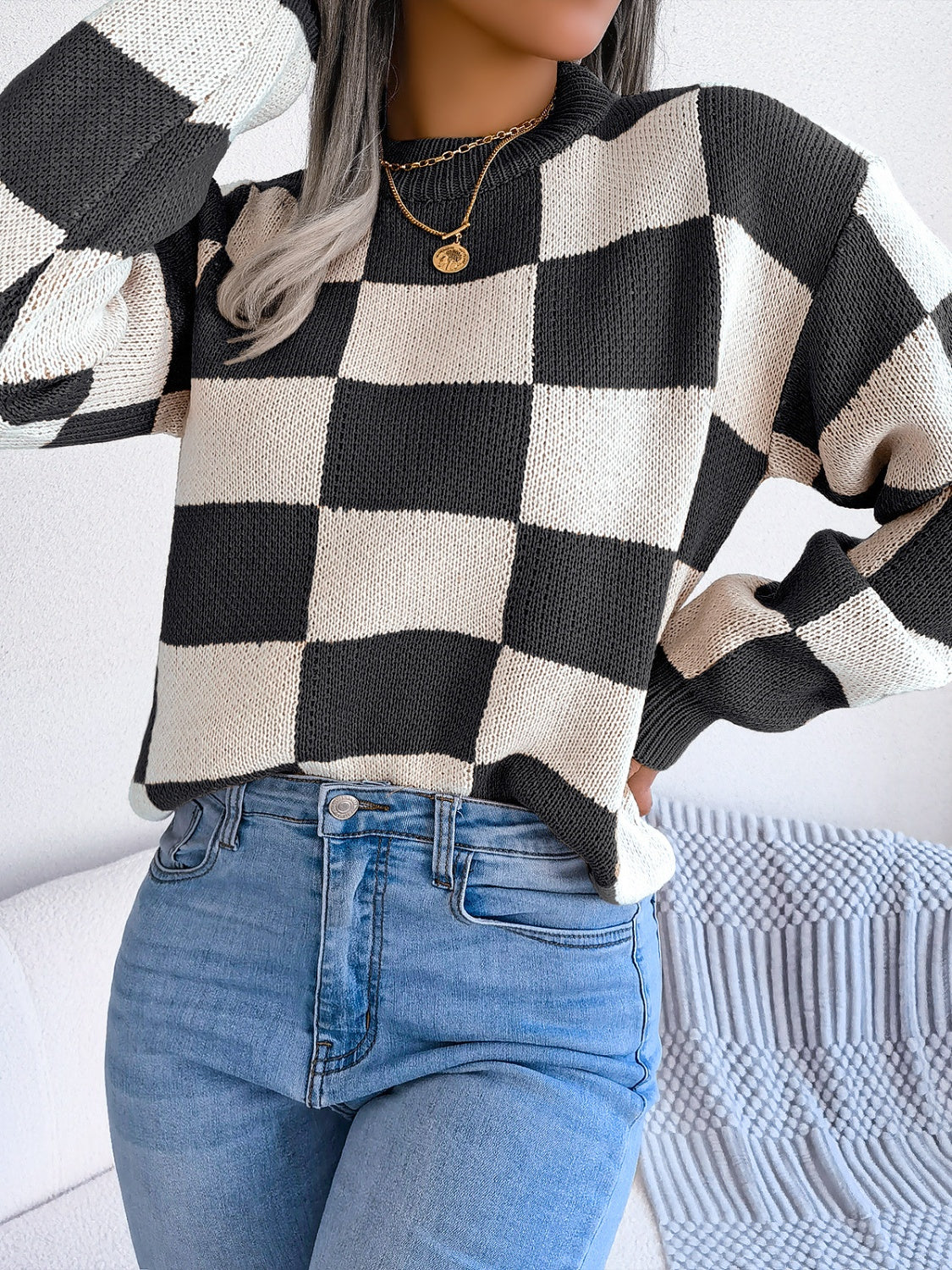 Checkered Mock Neck Long Sleeve Sweater | Maekery Studio