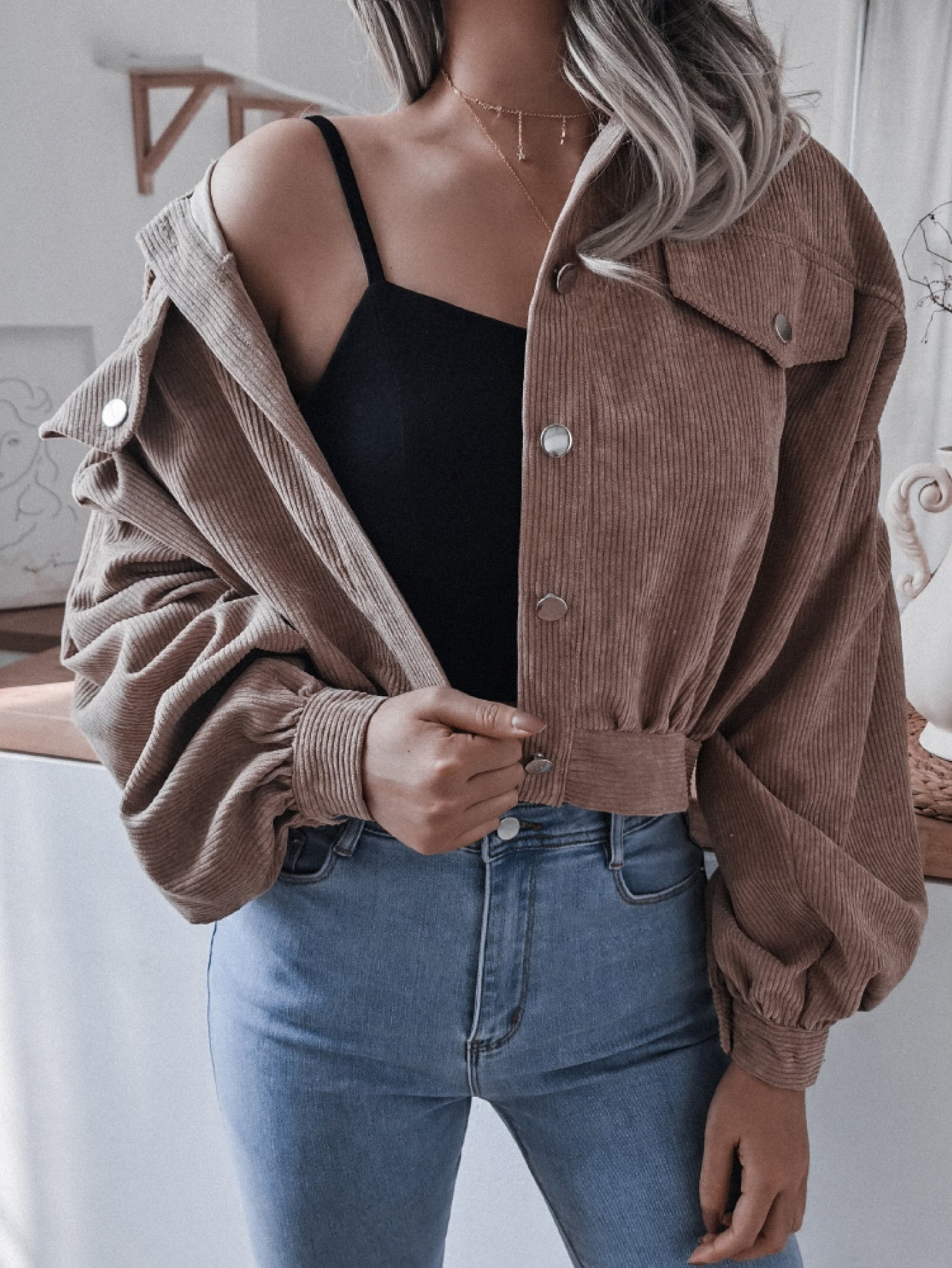 Lantern Sleeve Cropped Corduroy Jacket | Maekery Studio