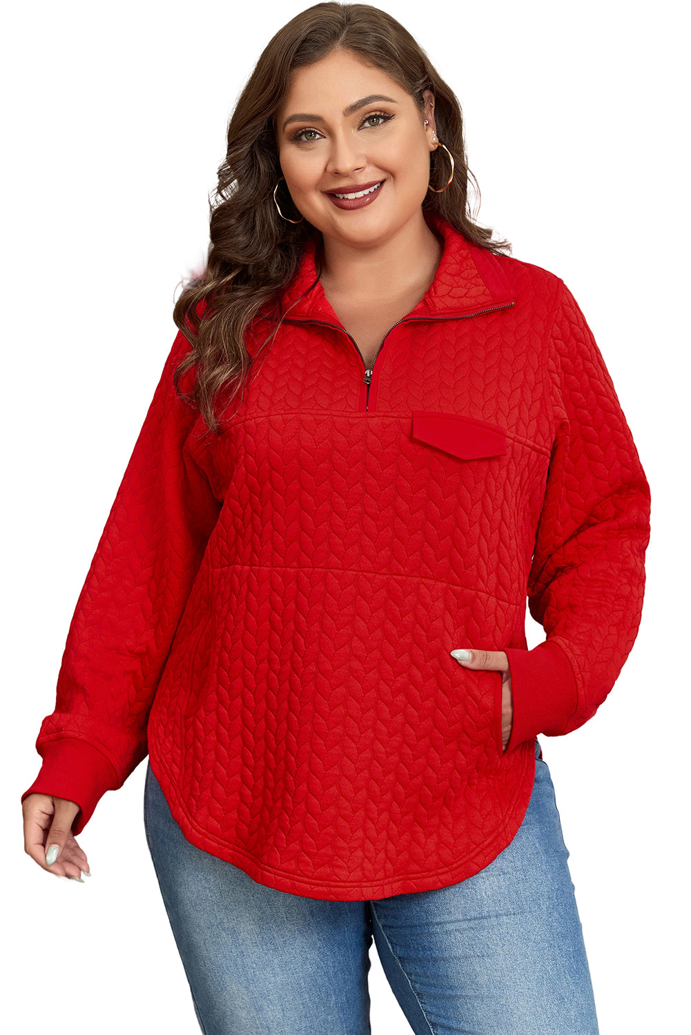 Tomato Red Textured Quarter Zip Plus Size Pullover | Maekery Studio