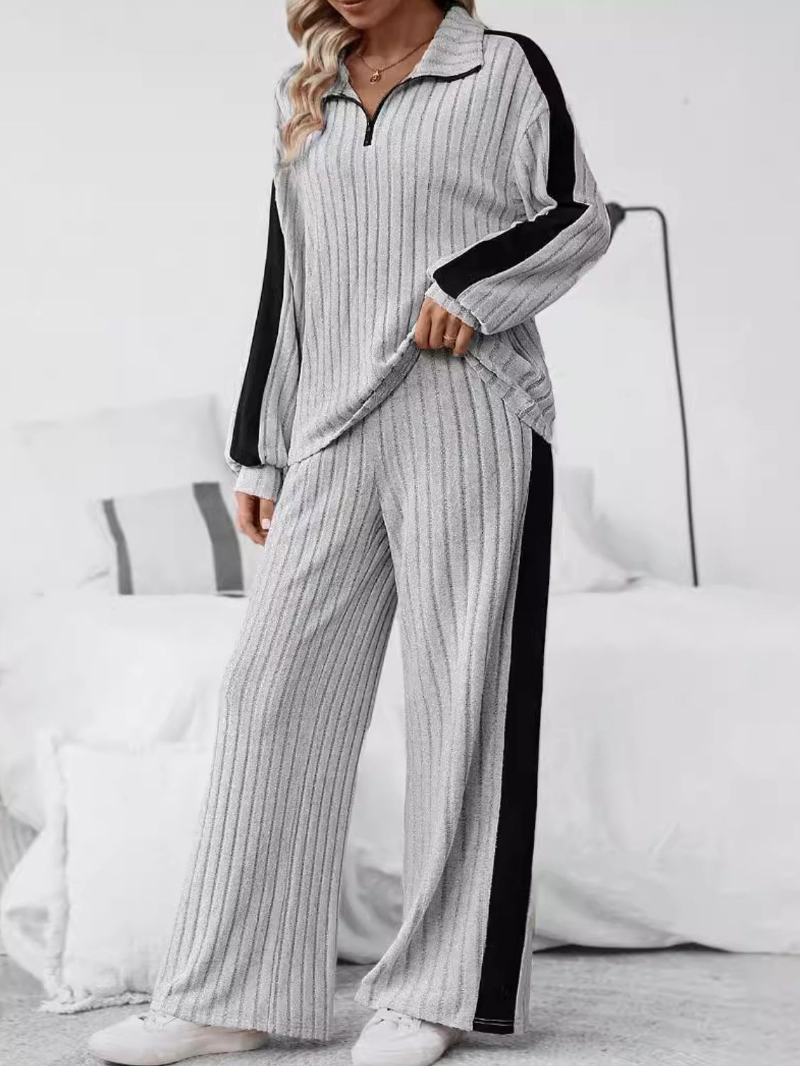 Plus Size Half Zip Long Sleeve Top and Pants Set | Maekery Studio