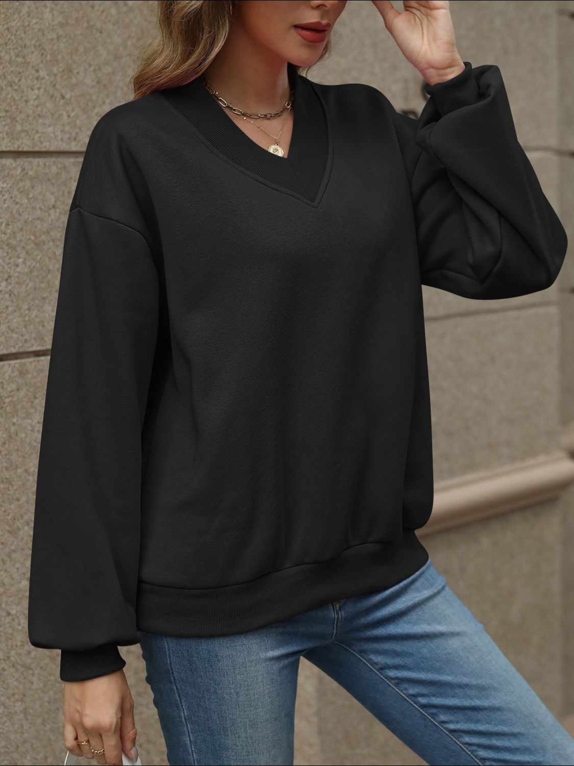 V-Neck Long Sleeve Dropped Shoulder Sweatshirt | Maekery Studio