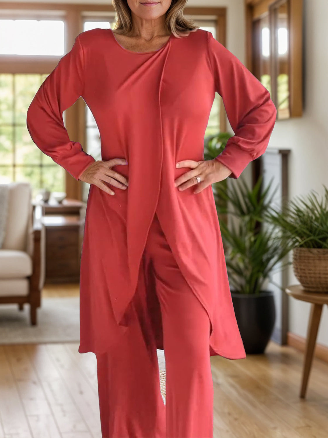 Full Size Slit Round Neck Long Sleeve Top and Pants Set | Maekery Studio