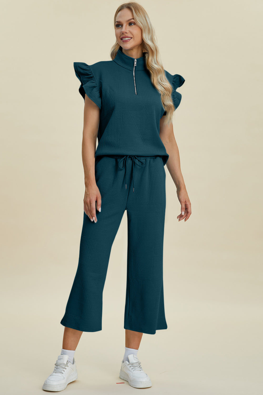 Double Take Full Size Texture Ruffle Short Sleeve Top and Wide Leg Pants Set | Maekery Studio