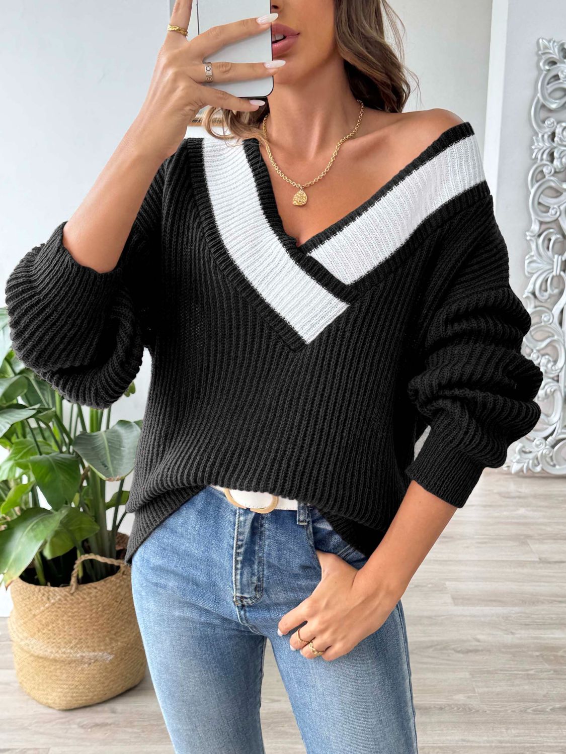 Contrast Dropped Shoulder Long Sleeve Sweater | Maekery Studio