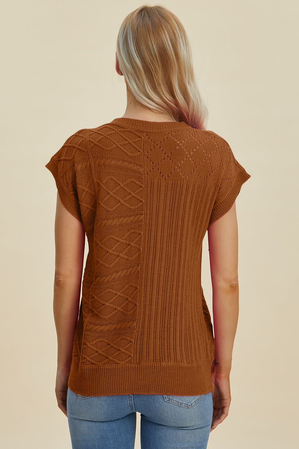 Double Take Full Size Cable-Knit Round Neck Cap Sleeve Sweater | Maekery Studio