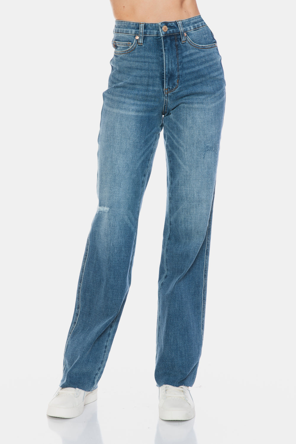 Judy Blue Full Size Tummy Control Cut Raw Hem Straight Jeans | Maekery Studio