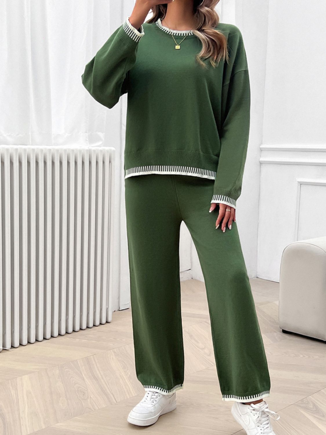 Devine Round Neck Dropped Shoulder Top and Pants Sweater Set | Maekery Studio