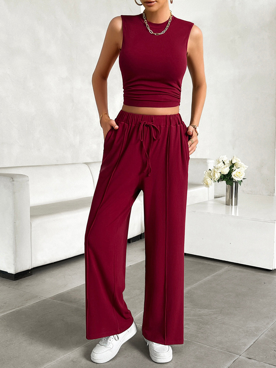 Devine Mock Neck Sleeveless Top and Drawstring Pants Set | Maekery Studio