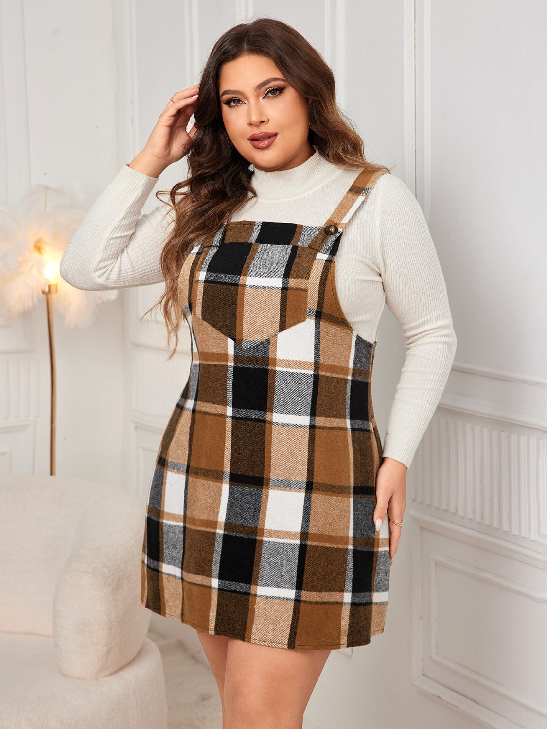 Honey Plus Size Plaid Wide Strap Overall Dress | Maekery Studio