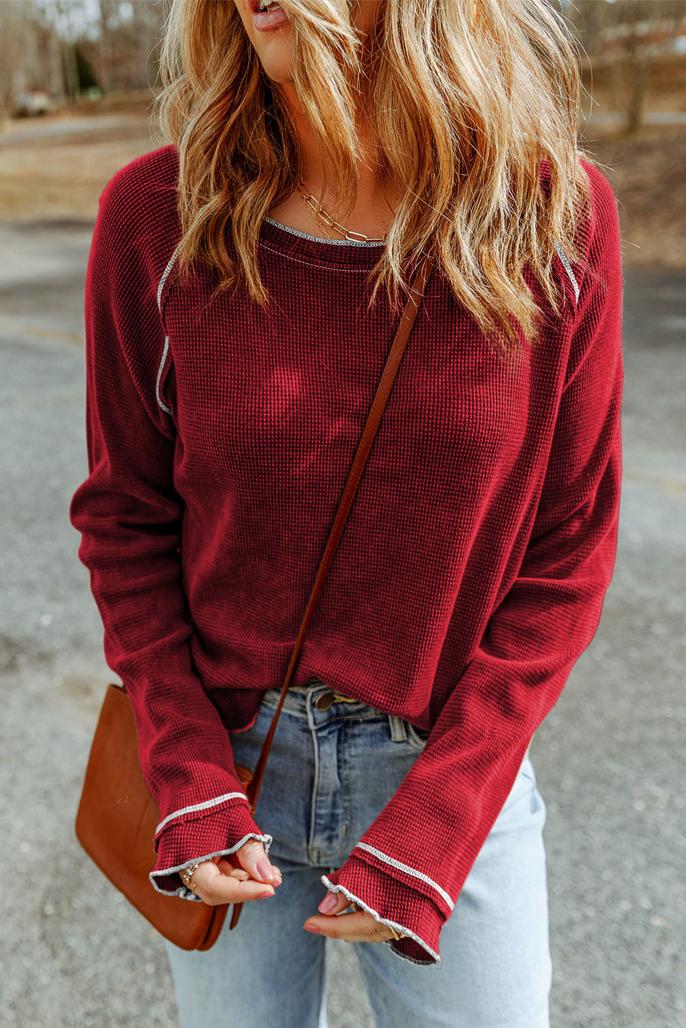 Brown Textured Crewneck Long Sleeve Top