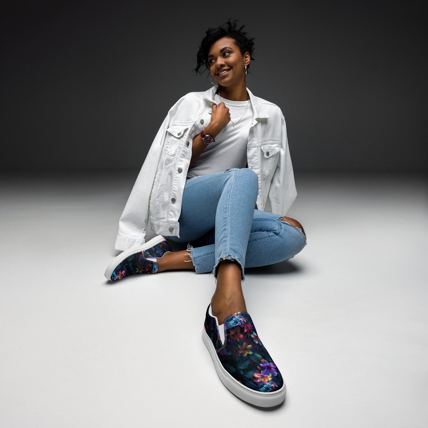 Black Floral Women’s slip-on canvas shoes | Maekery Studio