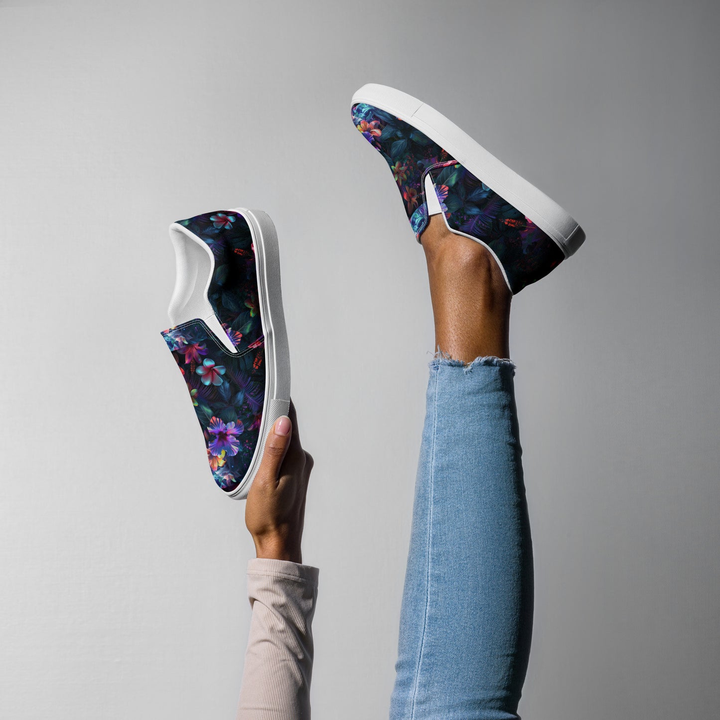 Black Floral Women’s slip-on canvas shoes | Maekery Studio